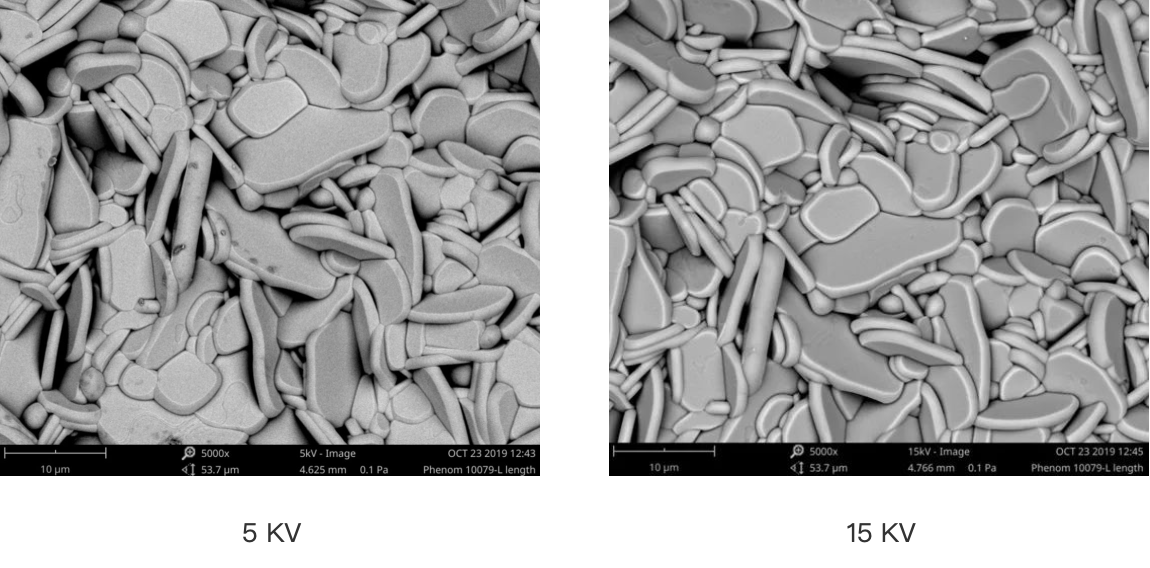 陶瓷在不同加速电压（5kV、15kV）下的两张扫描电镜图