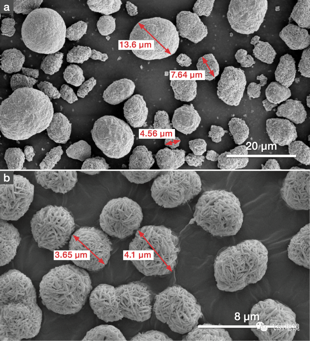 扫描电镜下不同的合成条件下的 NCM 前驱体  a）具有宽粒径粒径分布的前驱体颗粒b）具有窄粒径分布和多孔结构的前驱体颗粒