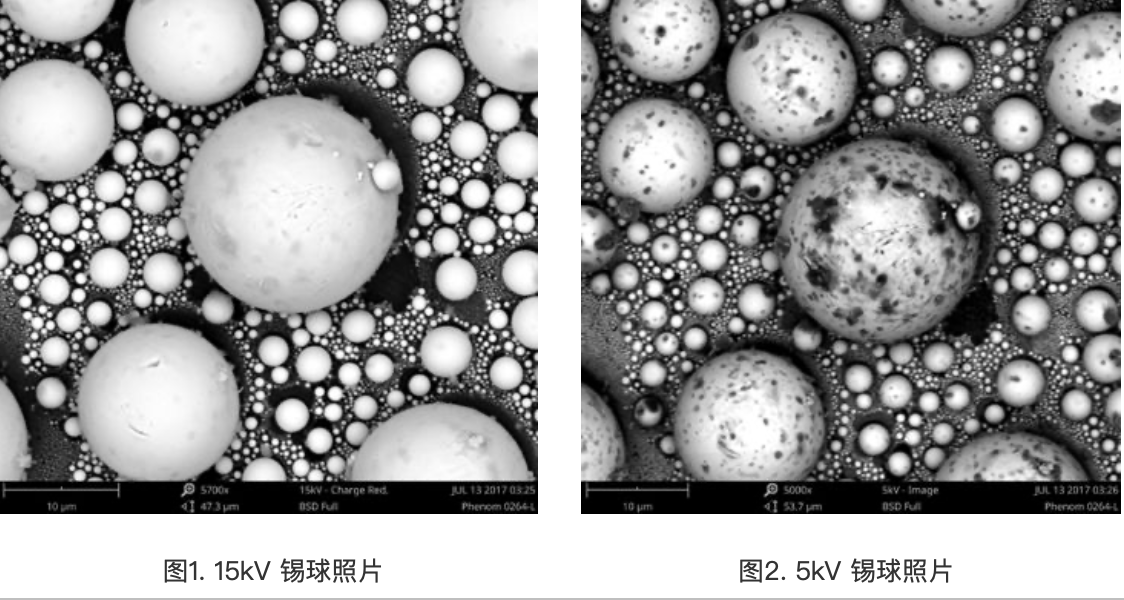 锡球样品分别在 15kV 和 5kV 同一位置的扫描电镜图像对比